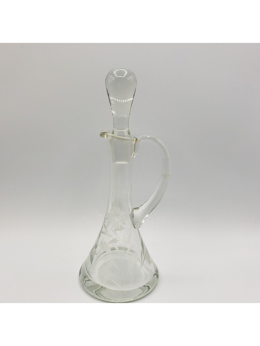 Elegant Lead Crystal Etched Cruet 9.75" Tall Daisy Flowers Flared Base